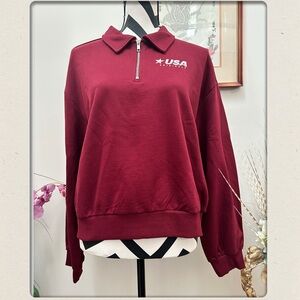 H&M USA Burgundy Quarter-Zip Women's Top